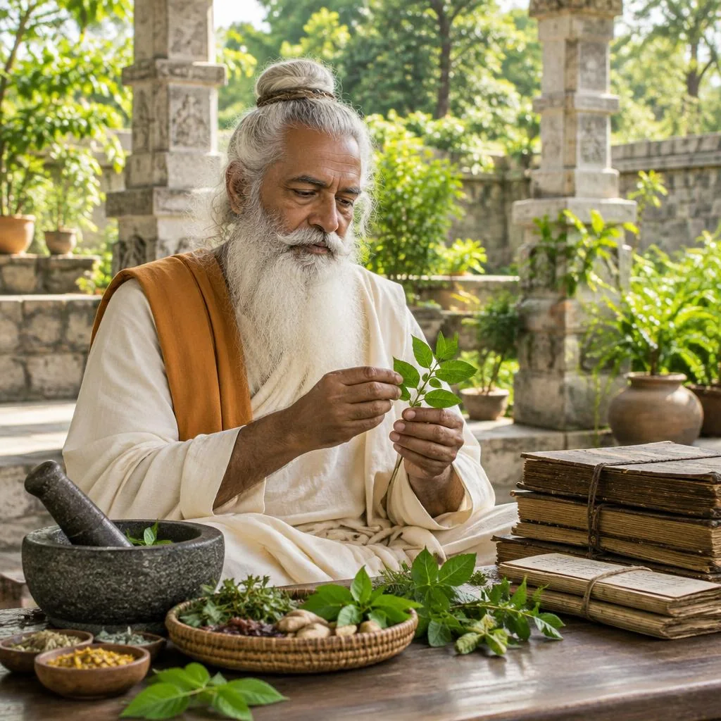 Illustrative fictional Maharshi with a white beard examining medicinal leaves in a garden courtyard