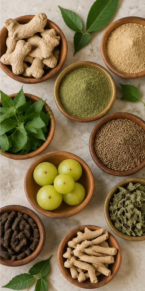 Illustrative neatly arranged botanicals and powders in bowls