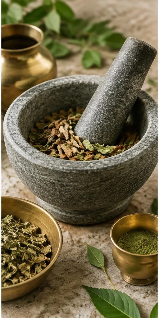 Illustrative herbs in a clean stone mortar and pestle