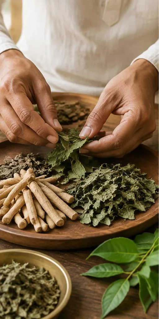 Illustrative hands selecting dried botanicals